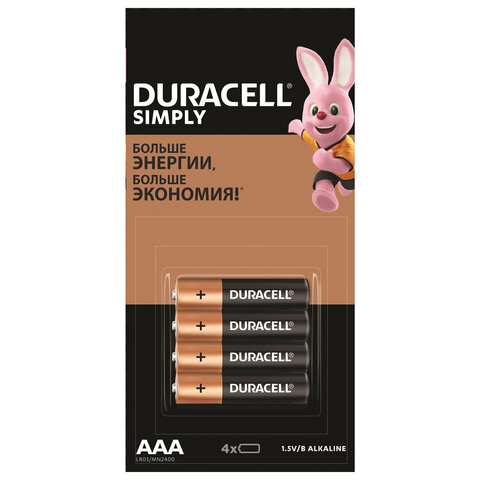 Батарейки Duracell Simply AAA 4 шт LR03 24А алкалин мизинчиковые