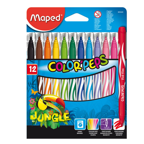 Фломастеры Maped Color'Peps Jungle 12 цветов, смываемые, вентилируемый колпачок