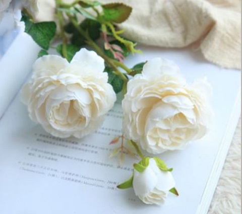 Искусственные цветы NN Ветка Роза 61см белая 3 цветка  
