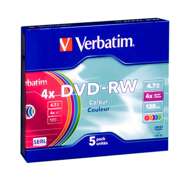 Диск Verbatim DVD-RW 4,7Gb 4x Slim 120min Colour 5шт.