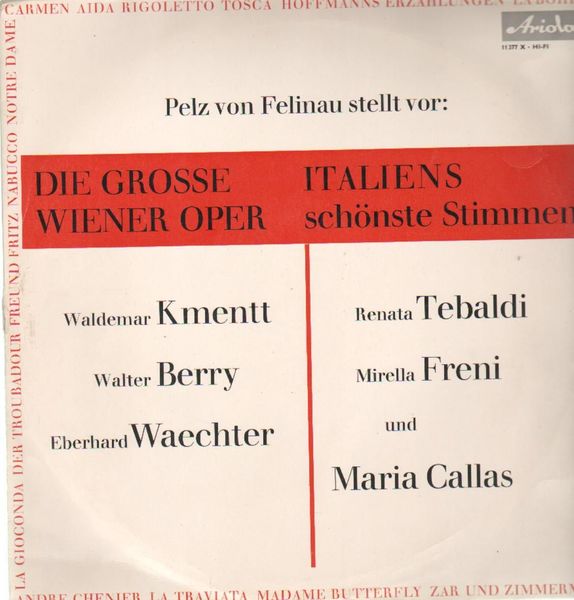 Pelz von Felinau 'Die grosse Wiener Oper, Italiens schonste Stimmen' LP/1965/Classical/Germany/Nm