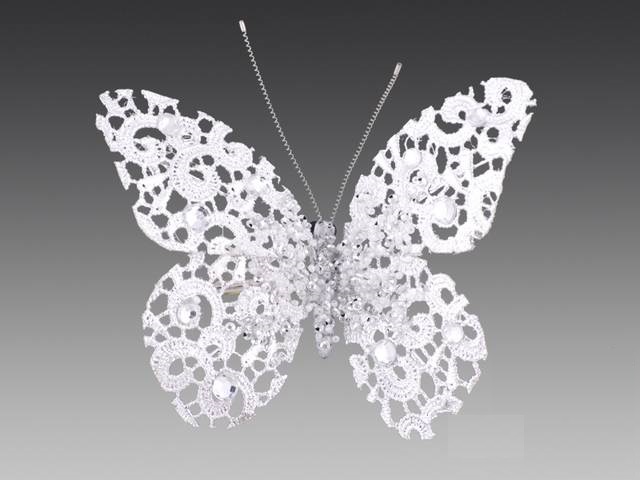 Бабочка 'Кружево Шантильи' белая с бисером и стразами на прищепке 10см